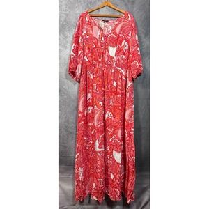 Cheztu Maxi Dress Womens 22W Red White Paisley Cinch Waist V-Neck Button‎ Front